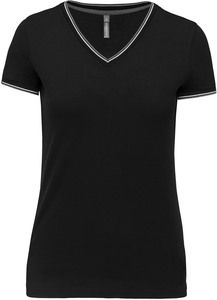Kariban K394 - T-shirt piqué donna scollo a V Black/ Light Grey/ White